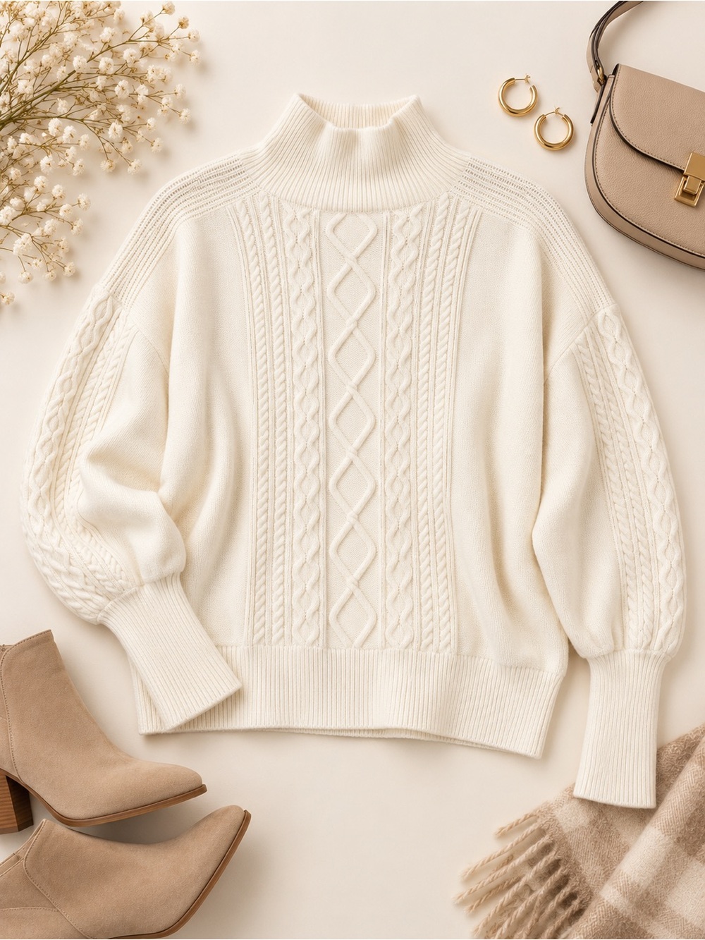 Cyrus Ivory Cable Knit Turtleneck Sweater XL Oversized Balloon Sleeve